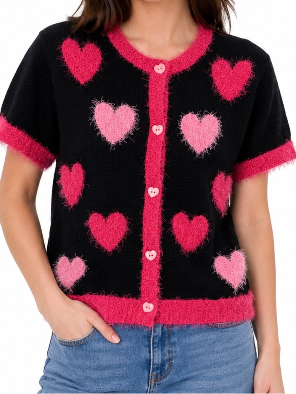 Vintage Bellepointe Y2K Fuzzy Heart Cardigan XL Black Pink Valentine’s Sweater